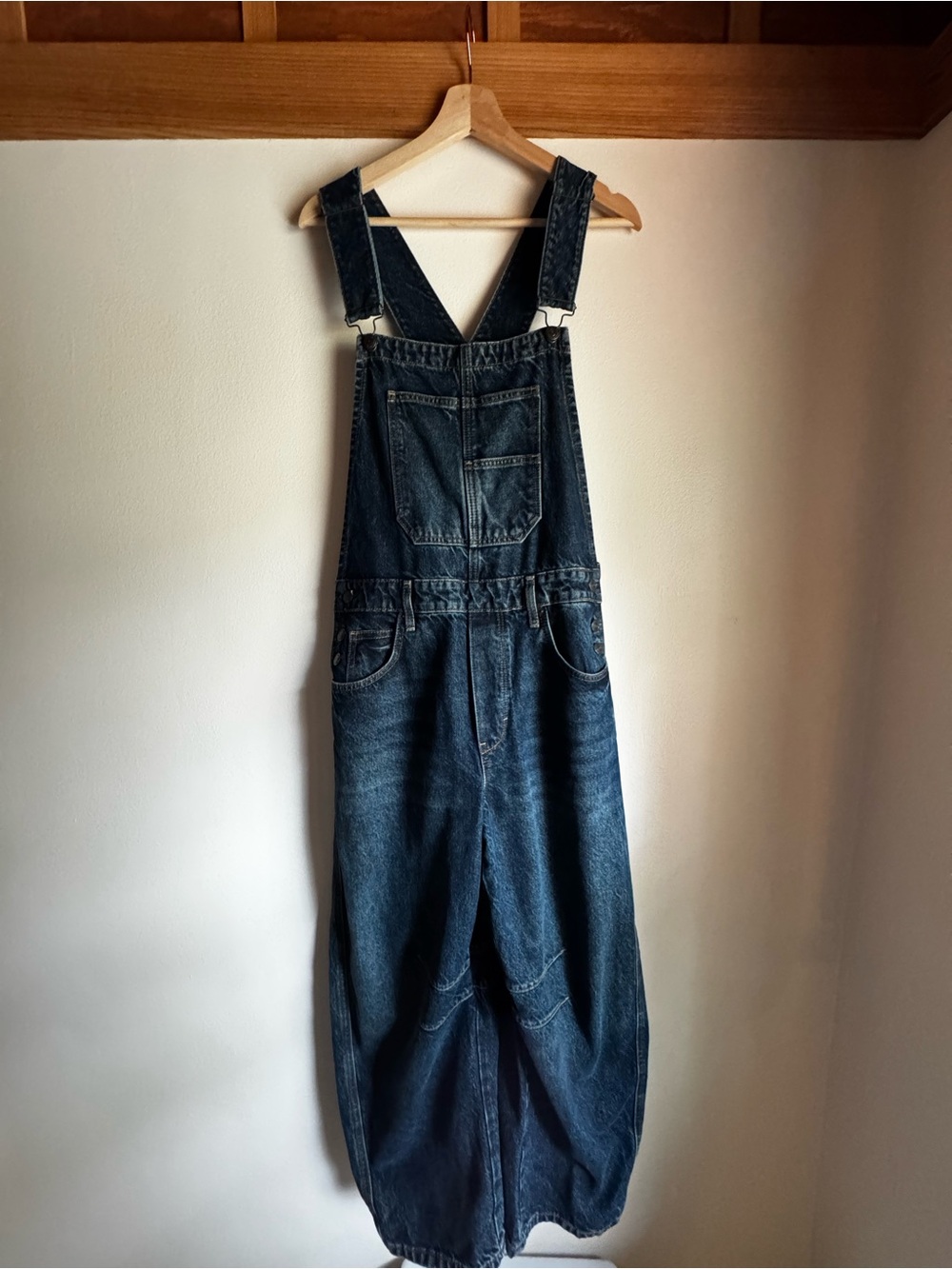 We The Free Good Luck Dark Blue Barrel Denim Overalls